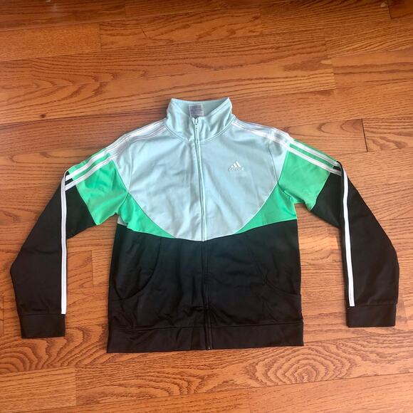 ADIDAS Track Stripes Black Green Blue Color block Jacket Girl’s Size XL (16) - Picture 10 of 10